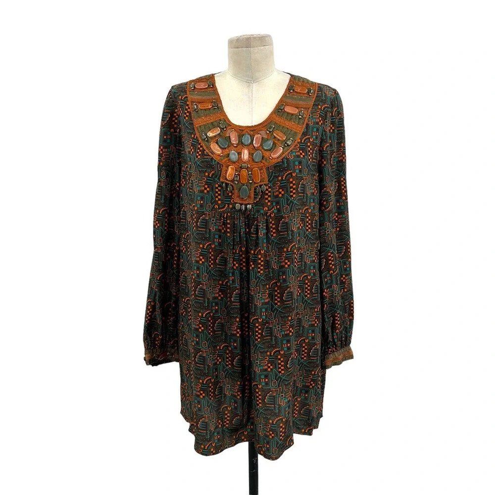 Anna Sui Tunic Top Dress Beaded Abstract Long Sleeve Brown Orange Green Size 6